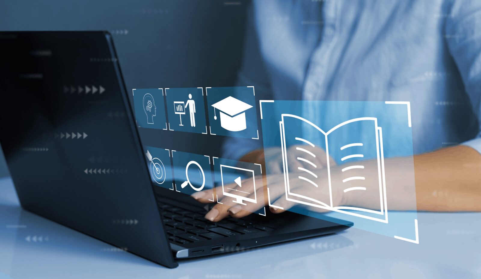 Person working on a laptop with digital learning and course icons