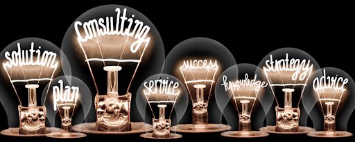 Illustrated light bulbs representing consulting, service and knowledge